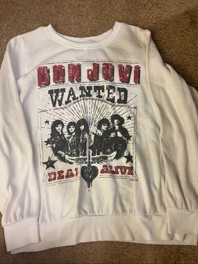 Bon Jovi White Graphic Pullover Sweatshirt - Wanted Design